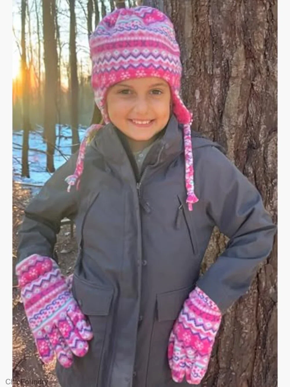 Girls Fleece Hat and Gloves Set Sherpa Lined Winter Accessory